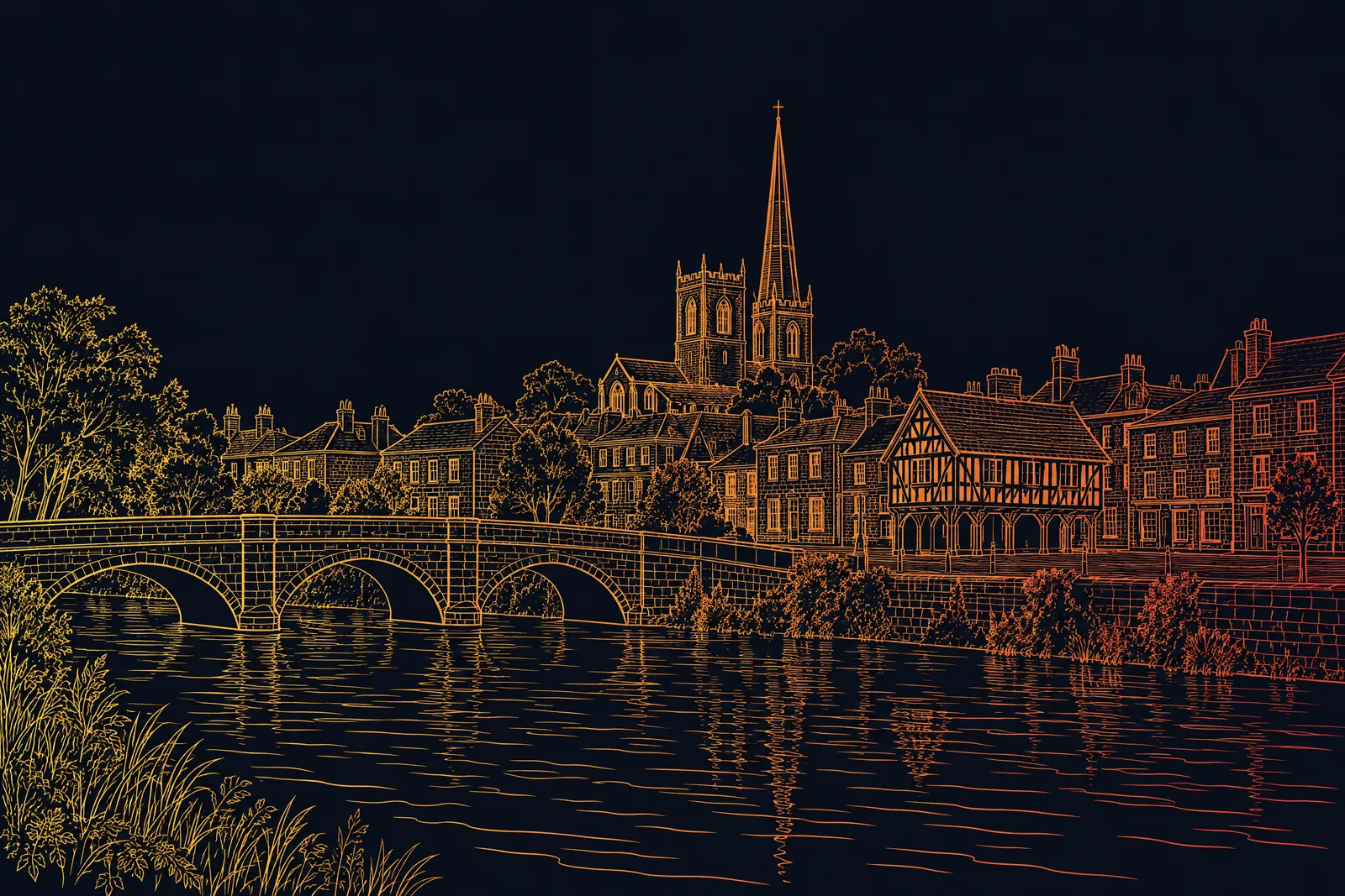 Line drawing of Chippenham: the River Avon and a stone bridge, with St Andrew's church and the timber-framed Yelde Hall behind