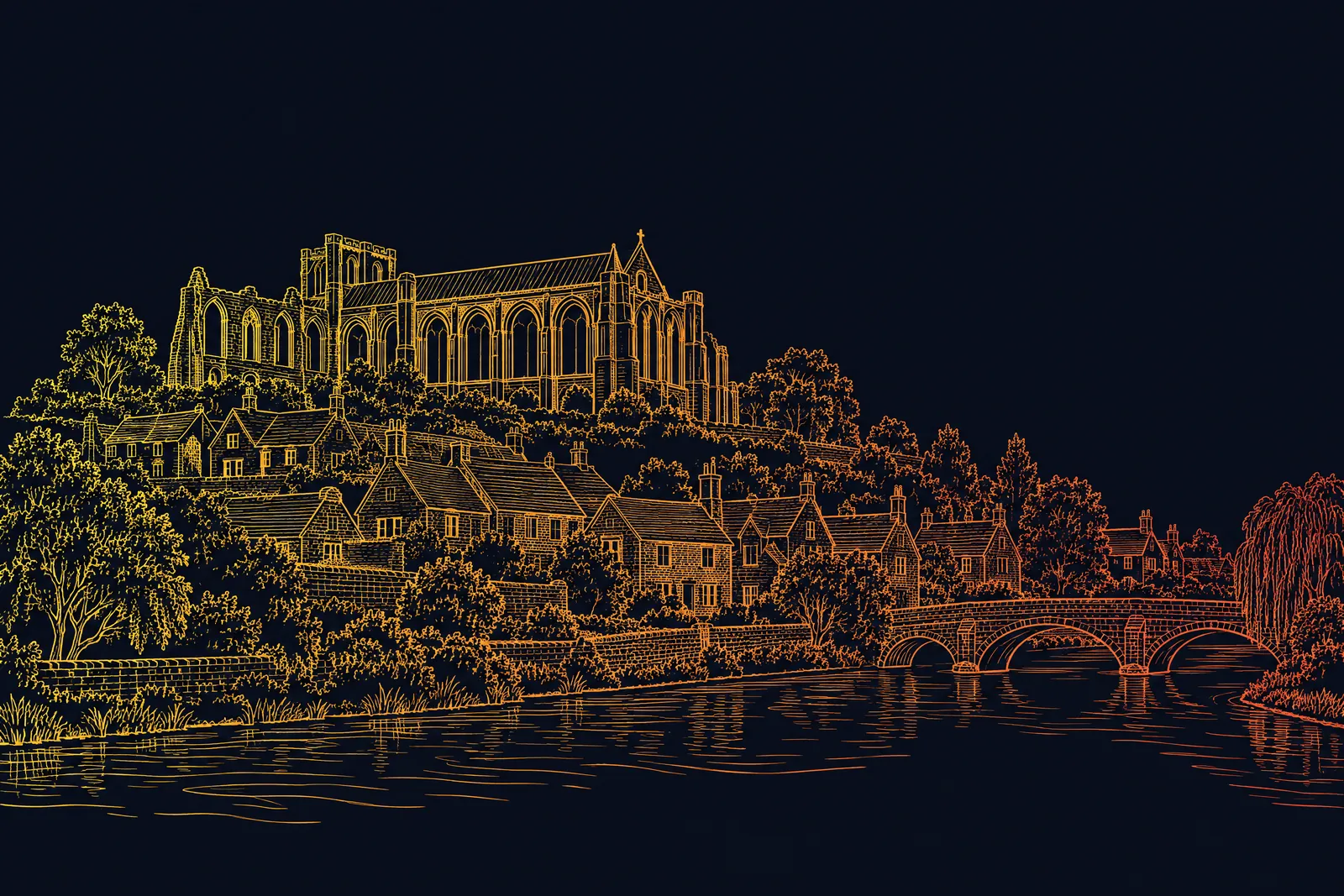Line drawing of Malmesbury: the abbey on the hilltop, stone houses down the slope and the River Avon below