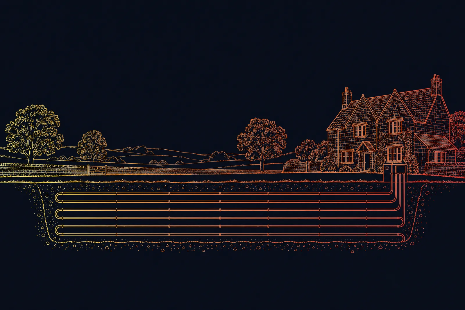 Line drawing of a Cotswold stone farmhouse beside a paddock, with the ground loop's pipes drawn in trenches below the field