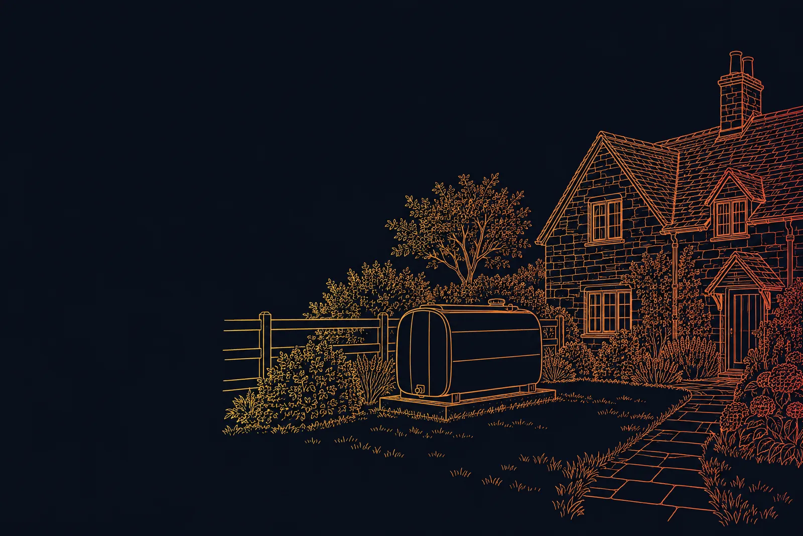 Line drawing of an oil tank on a concrete base in the garden of a Cotswold stone cottage