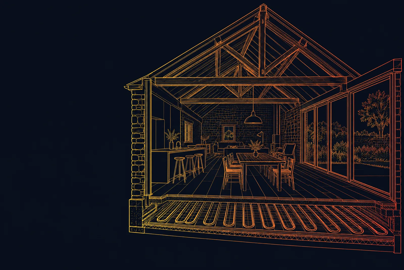 Line drawing of a kitchen and living room in a stone barn conversion, with the floor cut away to show loops of underfloor heating pipe